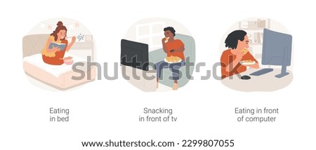 Eating habits of teens isolated cartoon vector illustration set. Eating in bed, snacking and watching tv, having meal in front of computer, teenage eating habits, junk food vector cartoon.