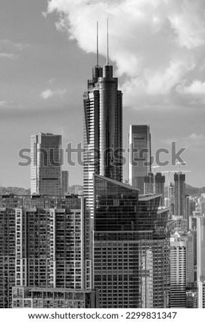 Skyline of downtown district of Shenzhen city, China. Viewed from Hong Kong border