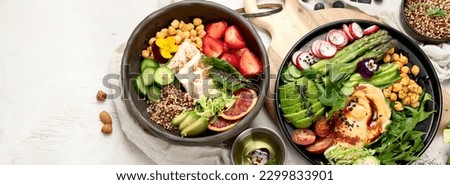 Healthy vegetarian and vegan  salads and Buddha Bowls with vitamins, antioxidants, protein on light  background. Top view, copy space, panorama, banner