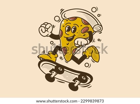 Vintage mascot character design of slice pizza jumping on skateboard