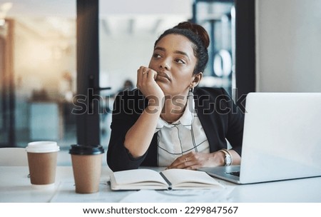 Bored, tired and businesswoman with a laptop in office while working on corporate project. Thinking, lazy and professional female employee with coffee, notebook and computer for research in workplace