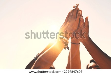 Hands, high five and and group of people outdoors for solidarity, trust and goal collaboration. People, commitment and friends with hand in support of success, celebration and partnership or unity Royalty-Free Stock Photo #2299847603