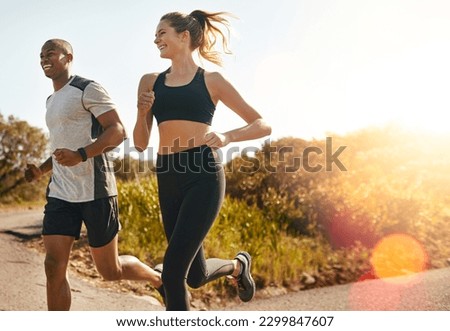 Fitness, running and health with couple in road for workout, cardio performance and summer. Marathon, exercise and teamwork with black man and woman runner in nature for sports, training and race Royalty-Free Stock Photo #2299847607