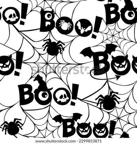 Seamless pattern with text Boo, spider web, eyes, scull and monster. Flat design Royalty-Free Stock Photo #2299853871