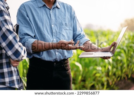 Two smart farmers using laptop to examining quantity and quality crop of corn vegetables while working and planning system control with technology at agricultural field. Royalty-Free Stock Photo #2299856877