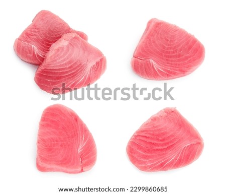 Collage with raw tuna steaks on white background Royalty-Free Stock Photo #2299860685
