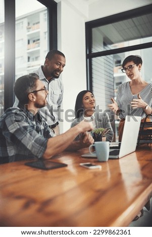 Teamwork, laptop and coaching with business people in meeting for project management, review or planning. Technology, website and training with group of employees in office for collaboration and idea Royalty-Free Stock Photo #2299862361