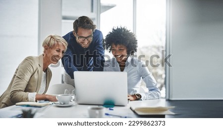 Laptop, collaboration and business people in the office while working on a company project. Technology, teamwork and team doing corporate research in discussion together with technology in workplace Royalty-Free Stock Photo #2299862373
