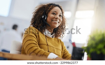 Happy african woman, call center agent or listen on voip headset for consulting, communication or contact. Girl, customer service or tech support crm with smile, headphones or microphone at help desk Royalty-Free Stock Photo #2299862377