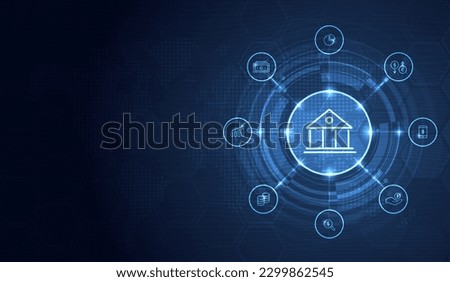 Banking and Finance concept. digital connect system. Financial and Banking technology with integrated circles, glowing line icons and on blue background. vector design. Royalty-Free Stock Photo #2299862545