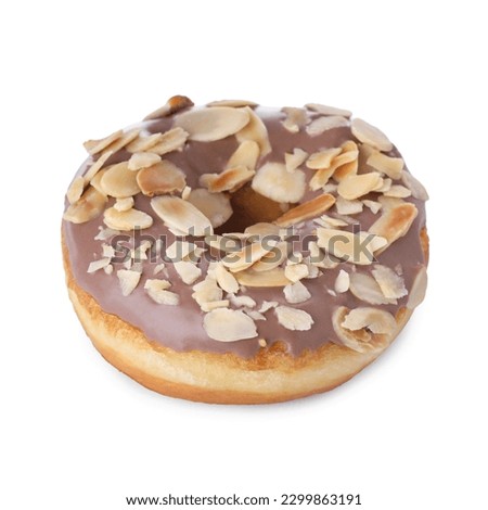 Tasty glazed donut decorated with almonds isolated on white