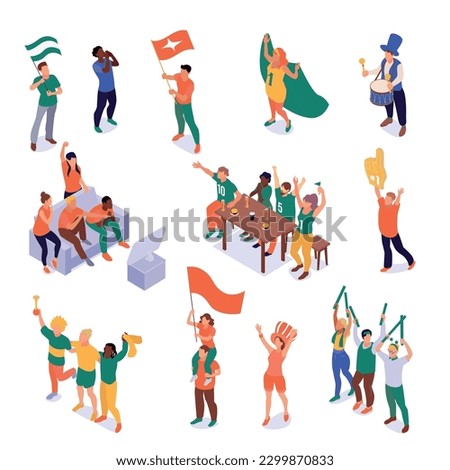 Isometric sport fans color set of isolated compositions with characters of shouting team supporters with flags vector illustration Royalty-Free Stock Photo #2299870833