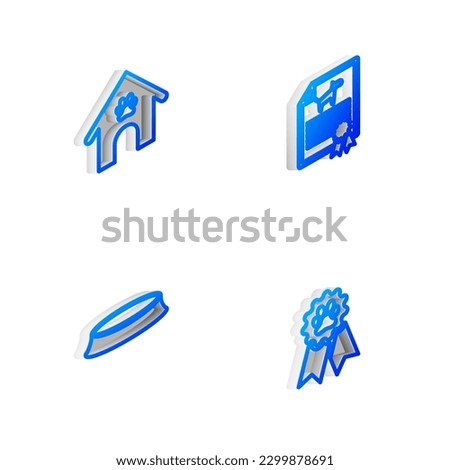 Set Isometric line Certificate for dog or cat, Dog house and paw print pet, Pet food bowl and award symbol icon. Vector