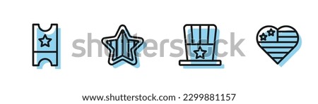 Set line Patriotic American top hat, Baseball ticket, USA Independence day and  icon. Vector