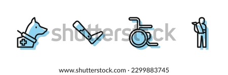 Set line Wheelchair, Guide dog, Prosthesis leg and Human broken arm icon. Vector