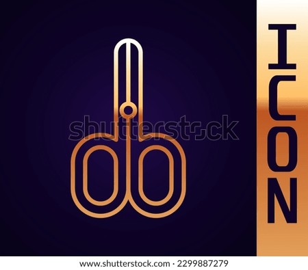 Gold line Scissors icon isolated on black background. Cutting tool sign.  Vector