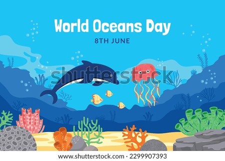 World oceans day. World ocean day. June 8. underwater ocean background. dolphin, shark, coral, fish, sea plants, stingray, turtle. design, poster, banner, template. save ocean. vector illustration. Royalty-Free Stock Photo #2299907393