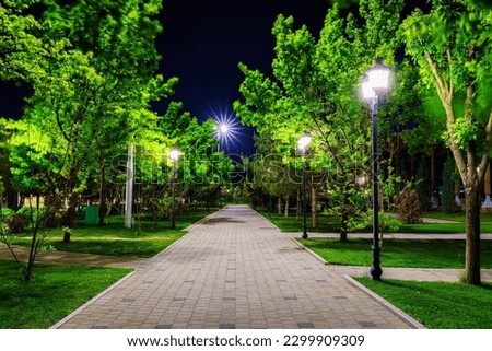 City night park in early summer or spring with pavement, lanterns, young green lawn and trees. Landscape. Royalty-Free Stock Photo #2299909309
