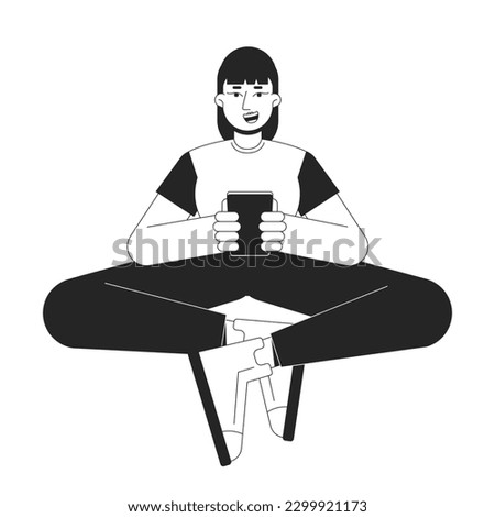 Millennial girl looking at phone with smile bw vector spot illustration. Gadget woman 2D cartoon flat line monochromatic character on white for web UI design. Editable isolated outline hero image Royalty-Free Stock Photo #2299921173