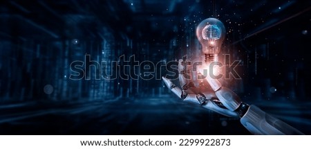 Artificial Intelligence. AI, machine learning, Abstract, Hand of robotic holding Glowing colorful brain circuit in light bulb on big data processing, deep learning, innovation Science and technology Royalty-Free Stock Photo #2299922873