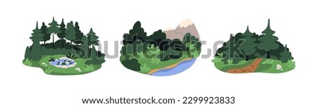 Summer nature landscapes. Forest, green grass, water, pond with lily, pine and fir trees, woods and pathway, shrubs. Peaceful serene sceneries. Flat vector illustrations isolated on white background
