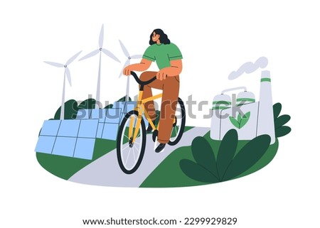 Eco-friendly life, ecology concept. Person rides bicycle, sustainable city transport. Green industry, renewable energy, solar panel, wind turbine. Flat vector illustration isolated on white background