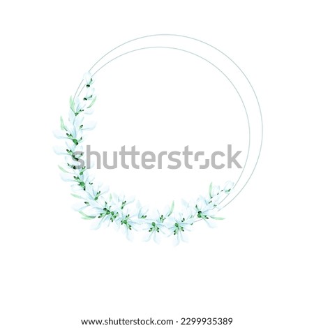Watercolor white spring snowdrop wreath for wedding invitation, greeting card design
