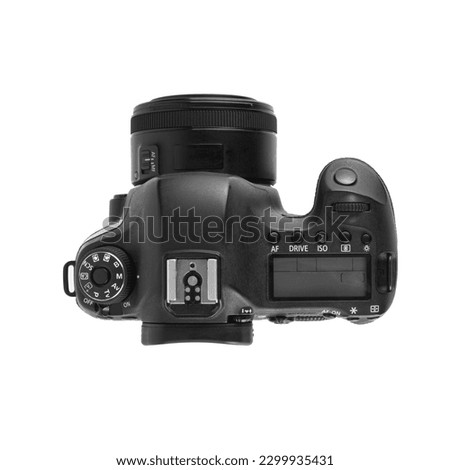 Top view of modern DSLR camera isolated on a white background