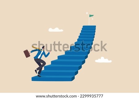 Stair to success, career path or step to achieve business target, ladder of success, improvement or challenge to reach goal, growth or ambition concept, businessman running up stair to reach goal. Royalty-Free Stock Photo #2299935777