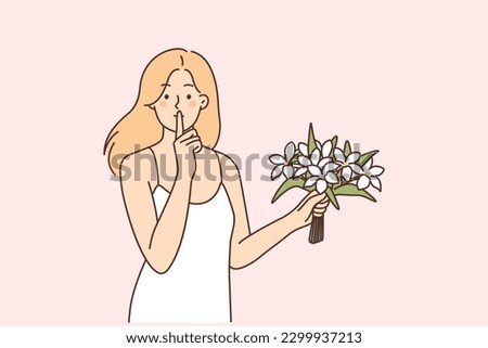 Woman with bouquet of spring flowers makes shh gesture with finger to lips, wanting to surprise loved one. Beautiful bouquet of daisies in hands of girl who loves flowers and calls for silence Royalty-Free Stock Photo #2299937213