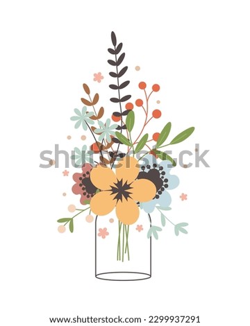 Glass jar with a bouquet of spring flowers. Cute simple vintage style. Royalty-Free Stock Photo #2299937291
