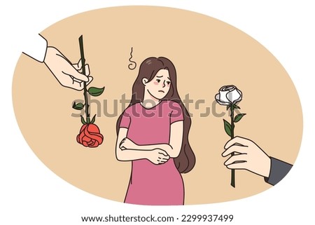 Unhappy beautiful girl refuse from flowers offered by various men. Guys present roses to pretty young woman feeling upset and lonely. Concept of attention and courtship. Vector illustration.