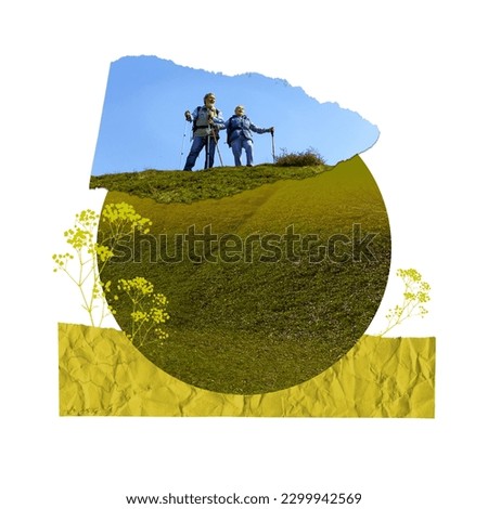 Cheerful mature people, family, man and woman travelling, hiking mountain hills with backpacks. Contemporary art collage. Concept of travelling, tourism, vacation, creativity. Poster. Ad