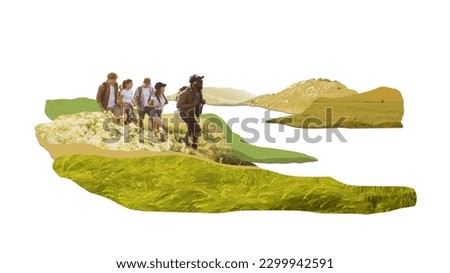 Group of young people, men and women travelling together, hiking with backpacks. Summer hiking. Contemporary art collage. Concept of travelling, tourism, vacation, creativity. Poster. Ad