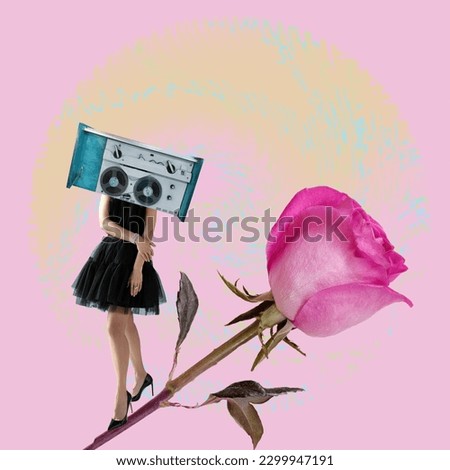 a girl in a retro tape recorder instead of a head on a rose is dancing. Sural modern collage. pink background