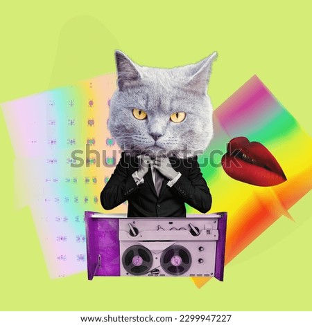 Dancing. Modern art collage. Inspiration, idea, style of a fashionable urban magazine. Composition with cat head, lips and rainbow, tape recorder on yellow neon background.