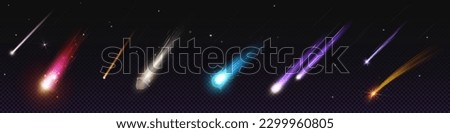 Comet and meteoroid fall speed trail galaxy vector set. 3d meteor shower with flame in sky effect with star. Isolated flying astronomy object tail at night illustration. Fast shooting cosmic dust