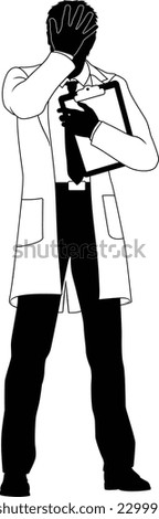 Silhouette person scientist, engineer or professor man in a lab coat. Holding clipboard or checklist and looking stressed or upset. Alternatively a chemist, science teacher or pharmacist.