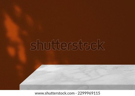 Minimal White Marble Table Corner with Shadow and Light Beam on Red Concrete Wall Background, Suitable for Product Presentation Backdrop, Display, and Mock up.