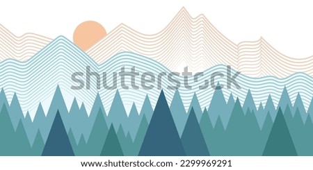 Stylized landscape, abstract mountain view, forest and the setting sun, vector illustration Royalty-Free Stock Photo #2299969291