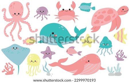Vector cute set with sea animals and algae. Marine collection with whale, octopus, fish, crab, jellyfish, turtle, starfish and stingray. Inhabitants of the sea world in flat design. Cute sea animals.