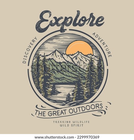 Explore the great outdoors, vector mountain with sunset and river, mountain graphic artwork for t shirt and others. Mountain with tree retro vintage print design. the great outdoors. Royalty-Free Stock Photo #2299970369