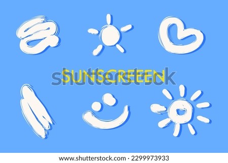 Set of smears of sunscreen cream . Collection of lotion, spray smudges. Swatches of SPF cosmetic products. Sun, heart, smile, stroke shapes. Flat vector illustration