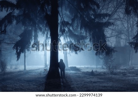 A strange silhouette of a man in a mystical fog in a dark spooky forest. Silhouette of a man standing in a dark forest with light. halloween horror concept. Fog in the moonlight.