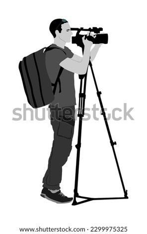 Cameraman with tripod with video camera on sport event vector illustration isolated on background. Concert reporter with backpack on duty. Breaking news in studio. Broadcast in live. Video technology.