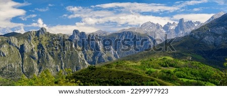 View on Naranjo de Bulnes or Picu Urriellu,  limestone peak dating from Paleozoic Era, located in Macizo Central region of Picos de Europa, mountain range in Asturias, North Spain Royalty-Free Stock Photo #2299977923