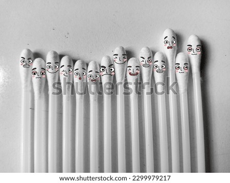 Cartoon faces. Expressive eyes and mouth, smiling, crying and surprised character face expressions on cotton buds. Caricature comic emotions or emoticon doodle. Isolated vector illustration icons set