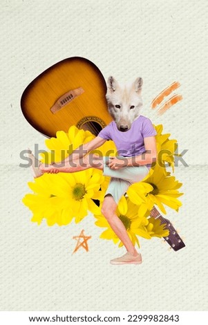 Vertical creative metaphor picture collage wolf head wild animal guitarist player enjoy springtime freedom isolated on white background
