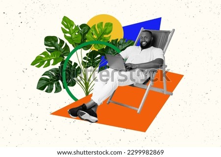 Collage picture of funky guy distance working apple samsung device tanning beach isolated drawing background
