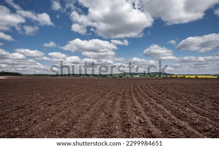 Wonderful agriculture plowed field.  Black soil prepared for planting crop and blue perfect sky. Dirt soil ground in farm. Rich harvest concept. Agricultural  background. Concept of farming Royalty-Free Stock Photo #2299984651